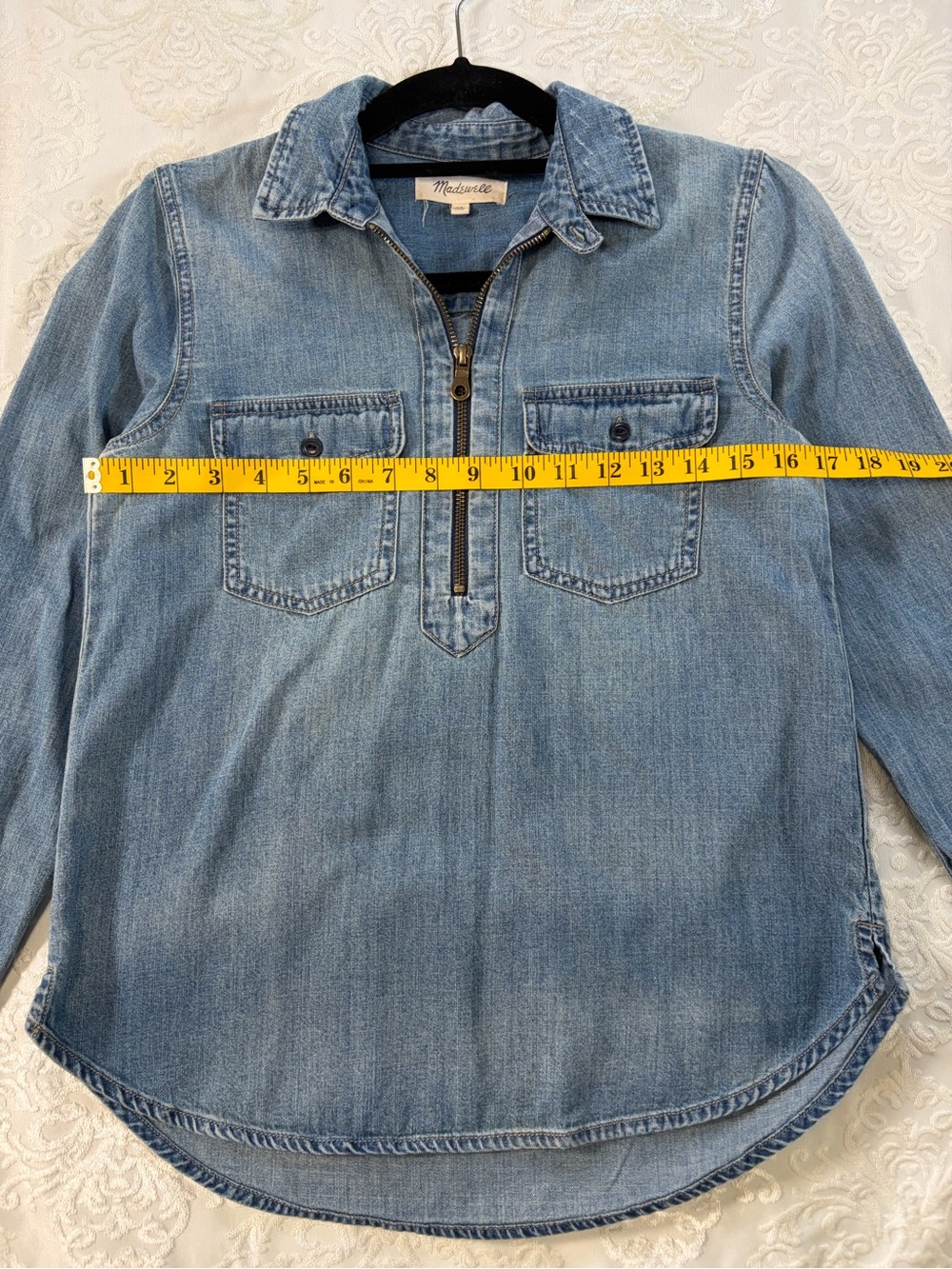 Madewell Denim Chambray Popover Half Zip Denim Shirt Light Wash Distressed XS - Picture 9 of 9